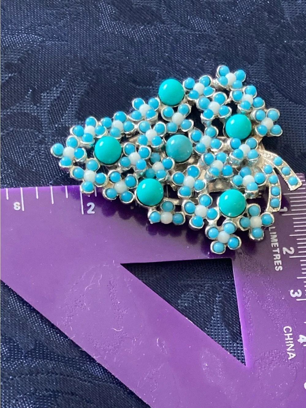 Vintage Dress Clip Grape Cluster Turquoise Blue White Ballotini Balls 2.2